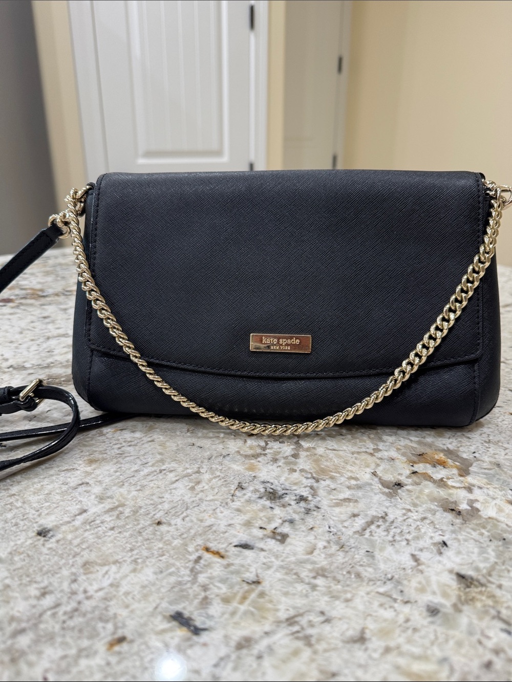kate spade Black Saffiano Leather Crossbody with Gold Chain